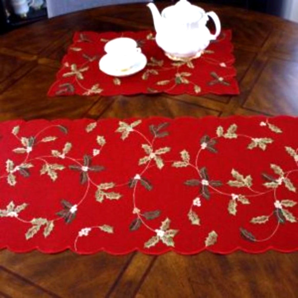 Red Holly Leaves Christmas Runner Dresser Scarf (16x36 in.) NEW